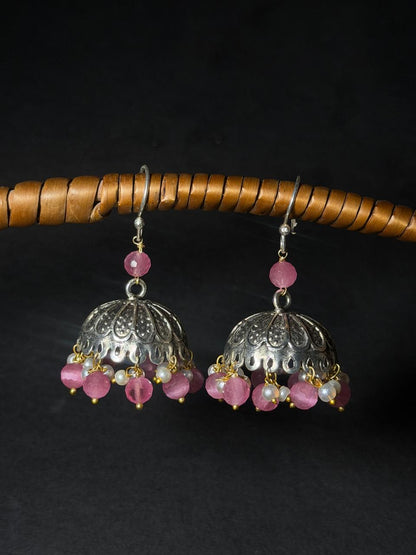 Cut Stone Beaded Silver Jhumki Earring