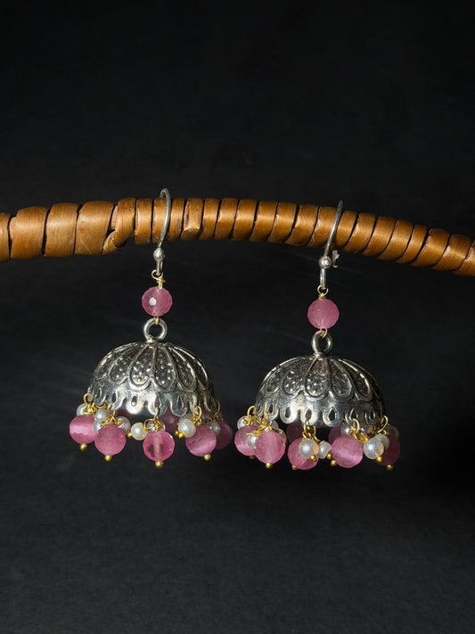 Cut Stone Beaded Silver Jhumki Earring