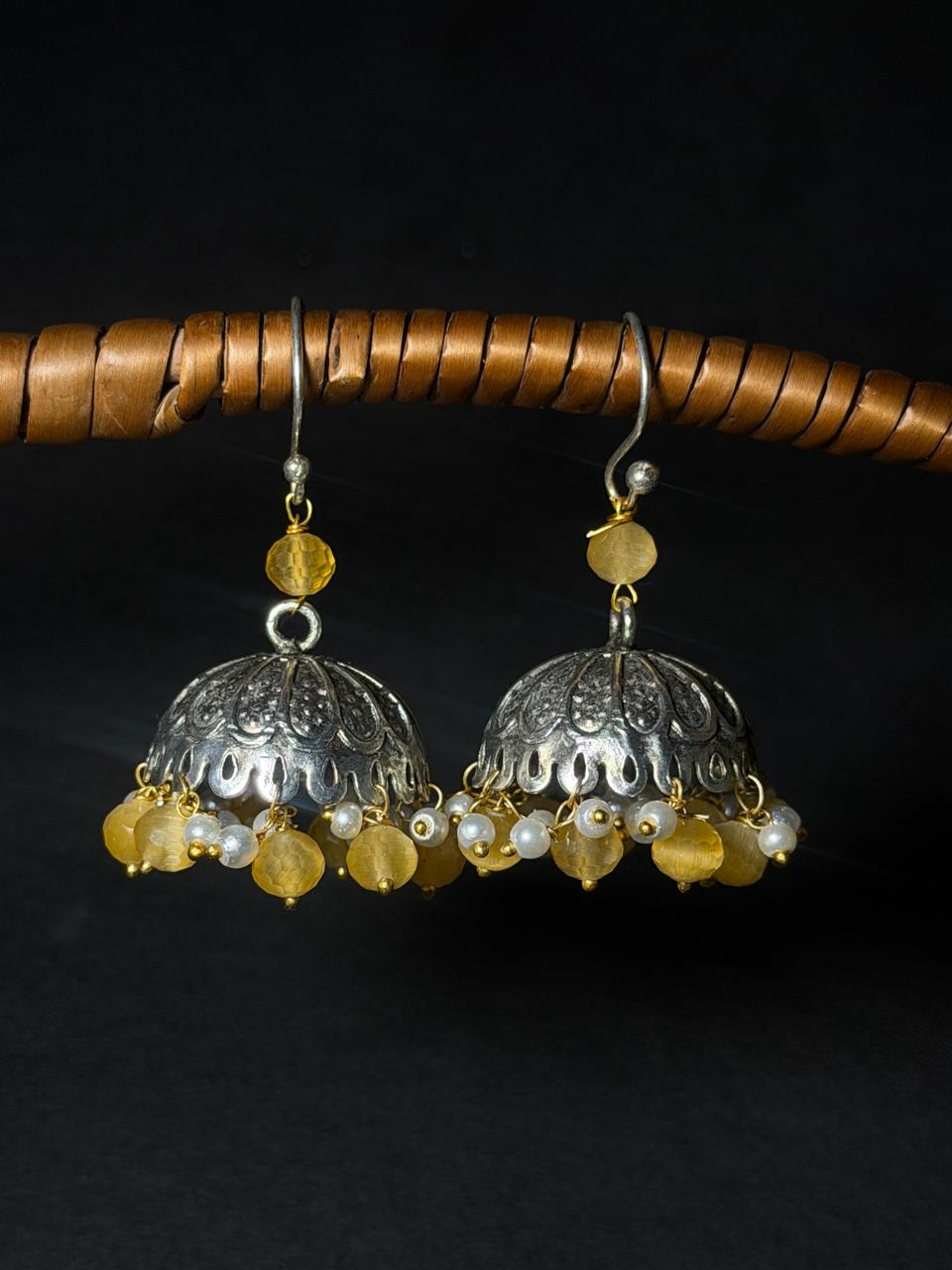 Cut Stone Beaded Silver Jhumki Earring