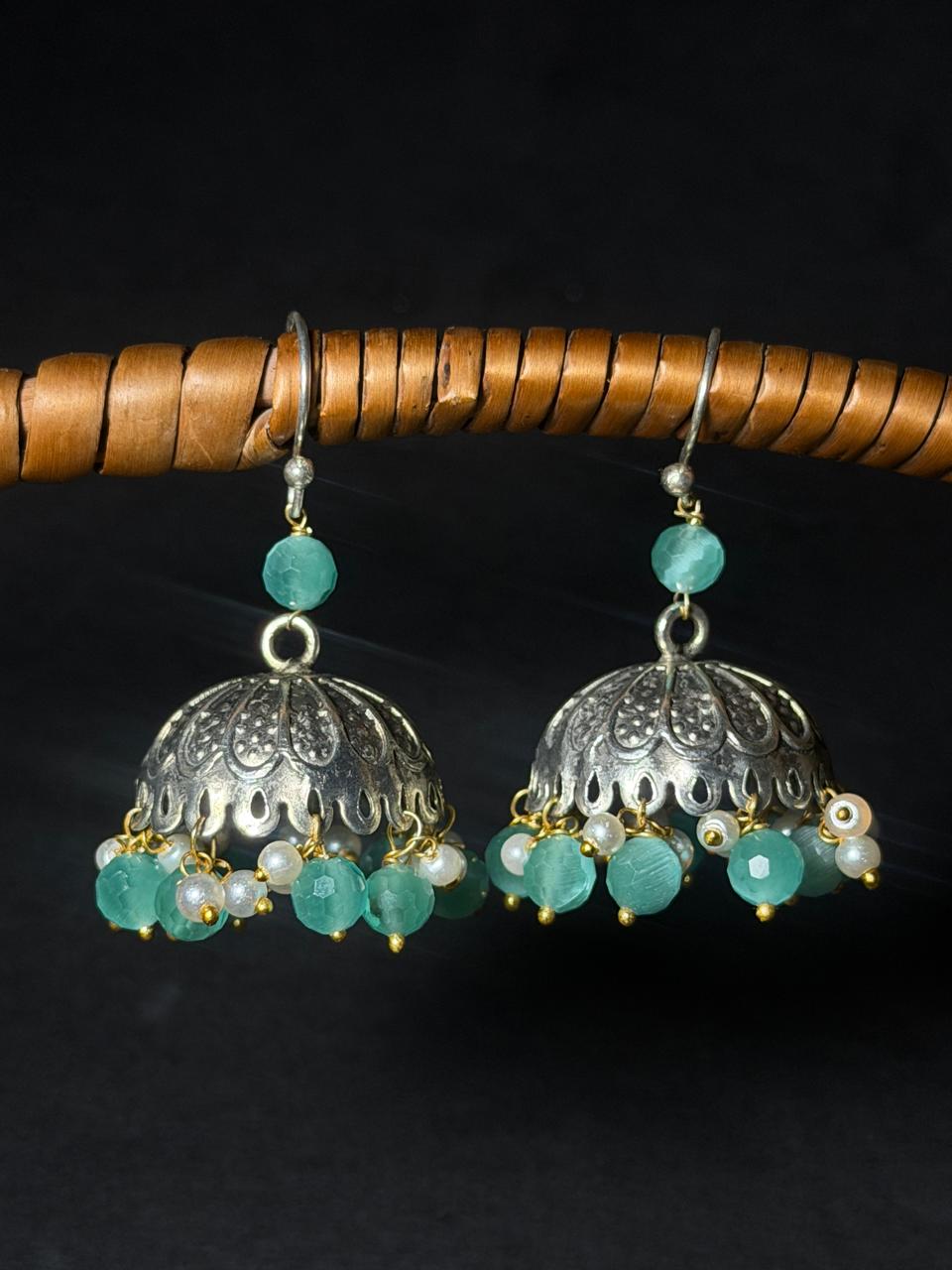 Cut Stone Beaded Silver Jhumki Earring