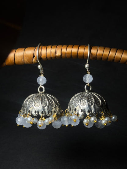 Cut Stone Beaded Silver Jhumki Earring