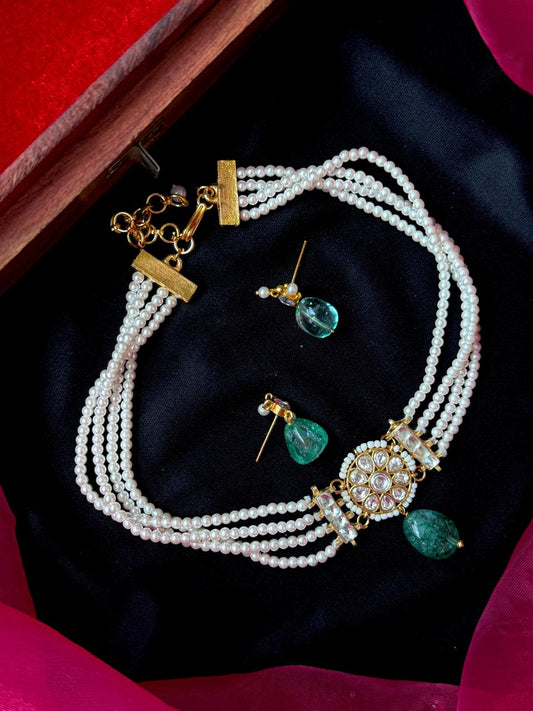 Pachi Kundan Pendant Pearl Mala Choker Necklace with Earring set