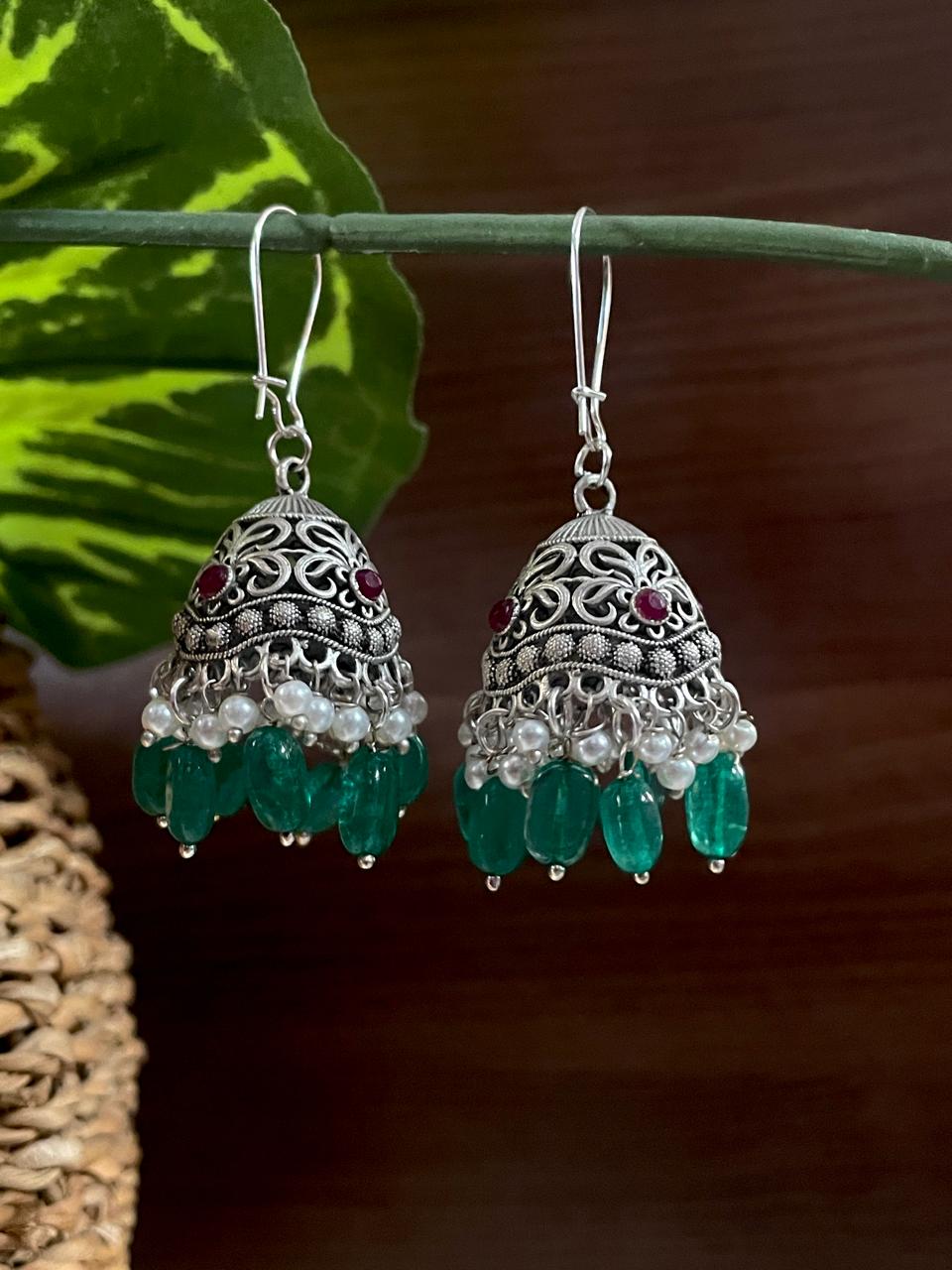 Stone Beaded Oxidized Jhumki Earring