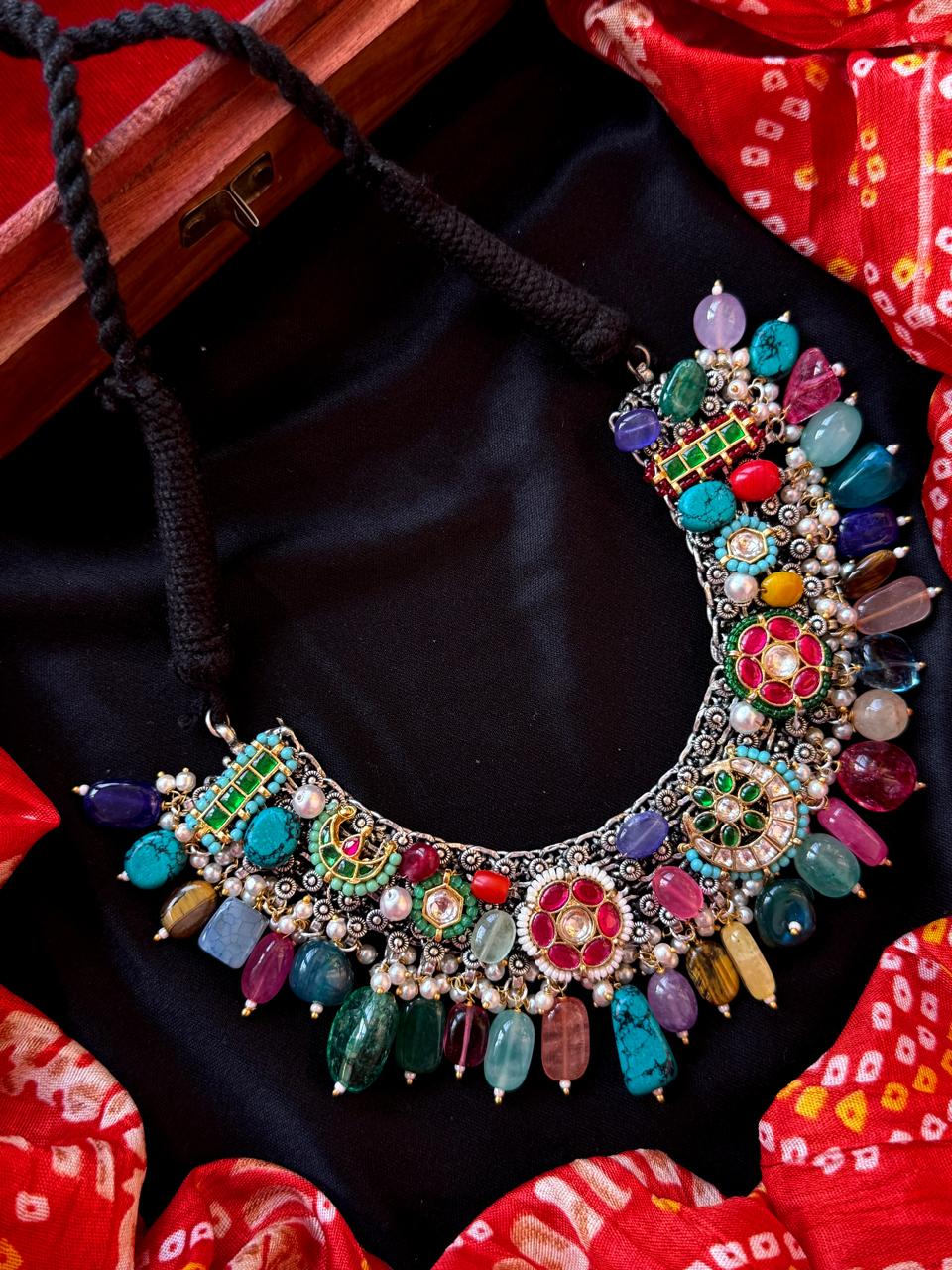 Pachi Kundan with Natural Stones Oxidized Choker Partywear Necklace