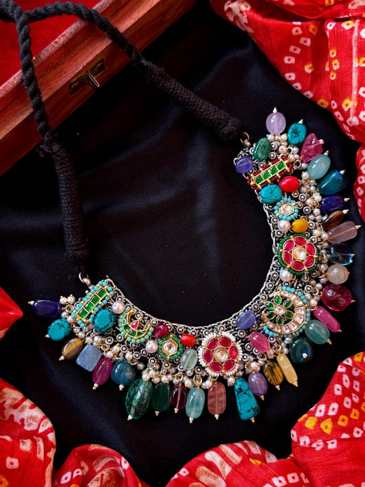 Pachi Kundan with Natural Stones Oxidized Choker Partywear Necklace