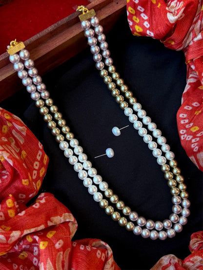 Glass Pearl Double Layer Mala with Earring set