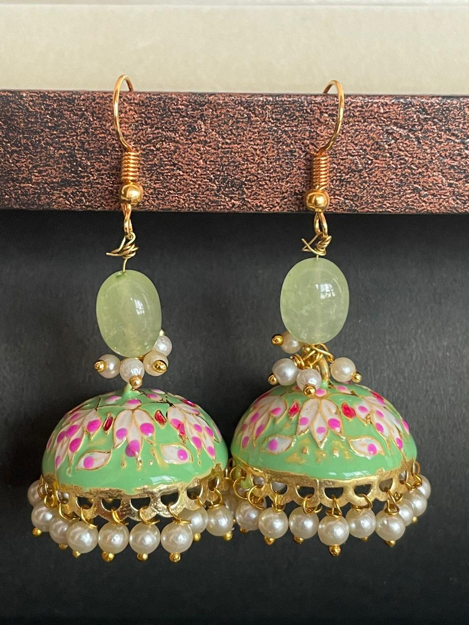 Meenakari Jhumka with Zade Stone and Cheed Earring