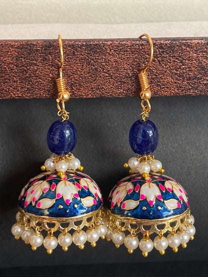 Meenakari Jhumka with Zade Stone and Cheed Earring