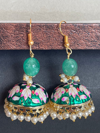 Meenakari Jhumka with Zade Stone and Cheed Earring