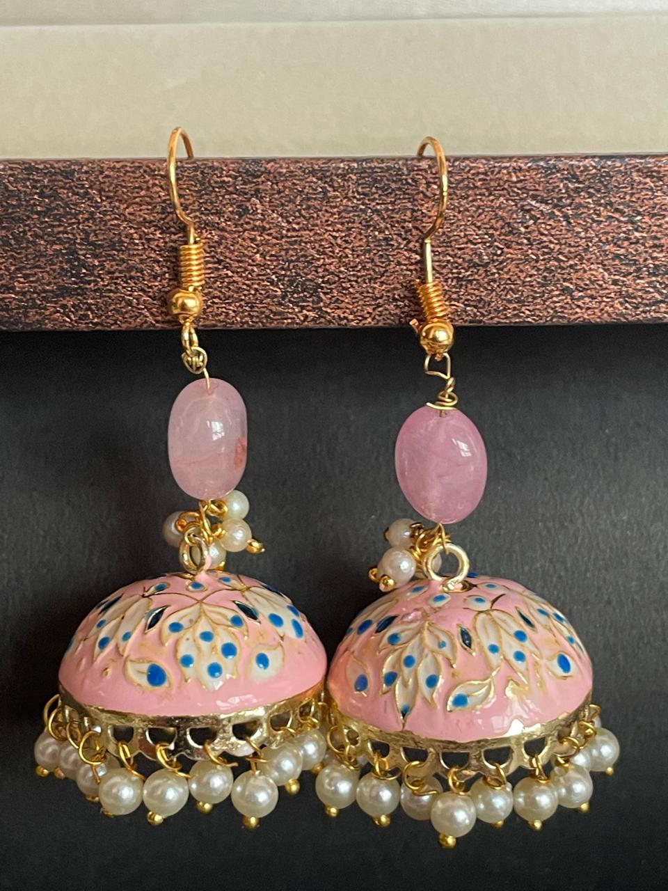 Meenakari Jhumka with Zade Stone and Cheed Earring