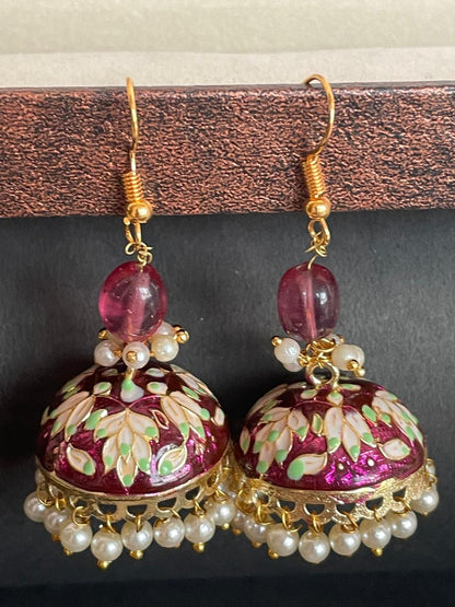 Meenakari Jhumka with Zade Stone and Cheed Earring