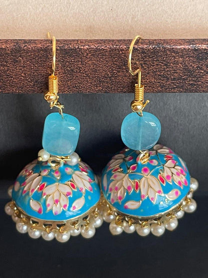 Meenakari Jhumka with Zade Stone and Cheed Earring