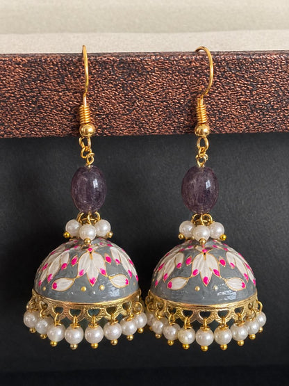 Meenakari Jhumka with Zade Stone and Cheed Earring