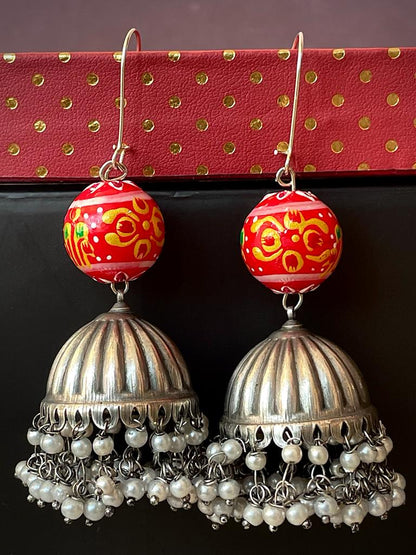 Oxidized Double layed Beaded Jhumka with Wooden Ball Earring