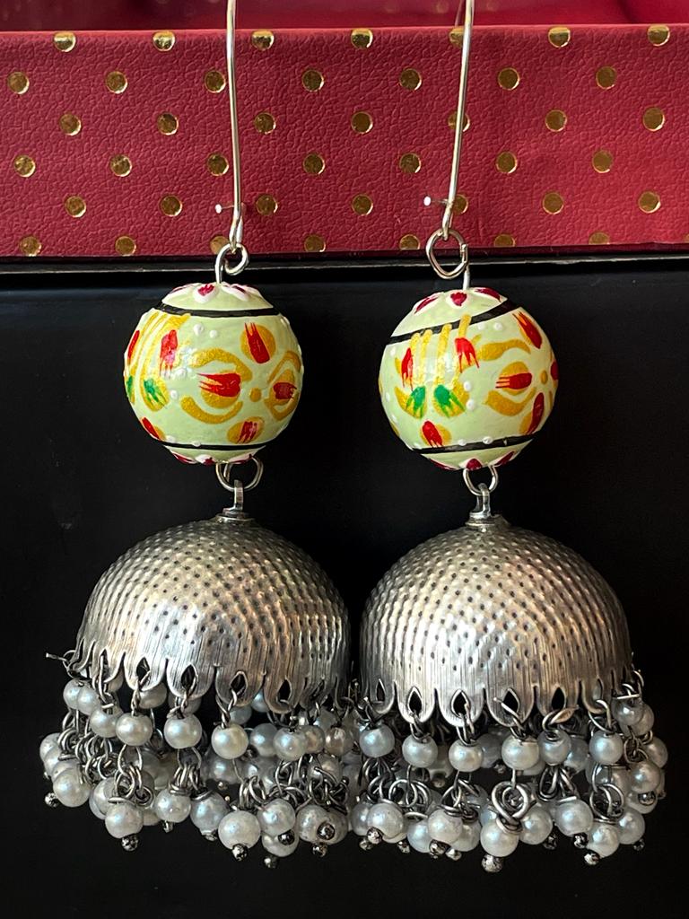 Oxidized Double layed Beaded Jhumka with Wooden Ball Earring