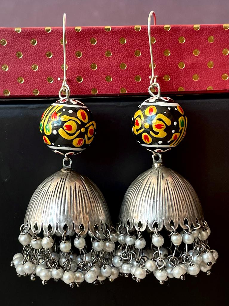 Oxidized Double layed Beaded Jhumka with Wooden Ball Earring