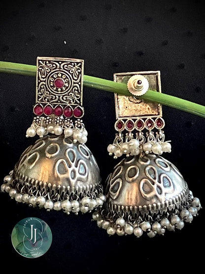 Oxidized Big Dome Square top Jhumka Earring with Beads