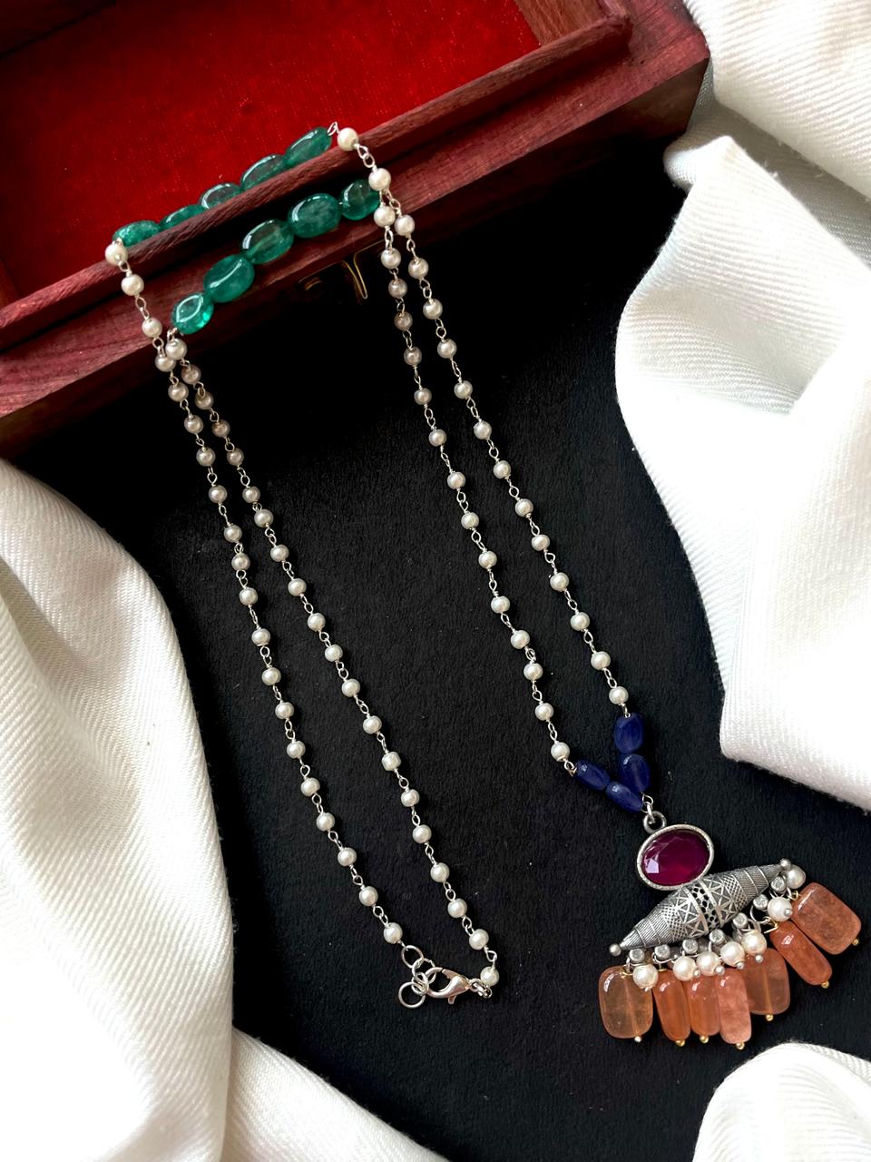 Jade Stones Oxidized Pendant Beaded Chain Necklace