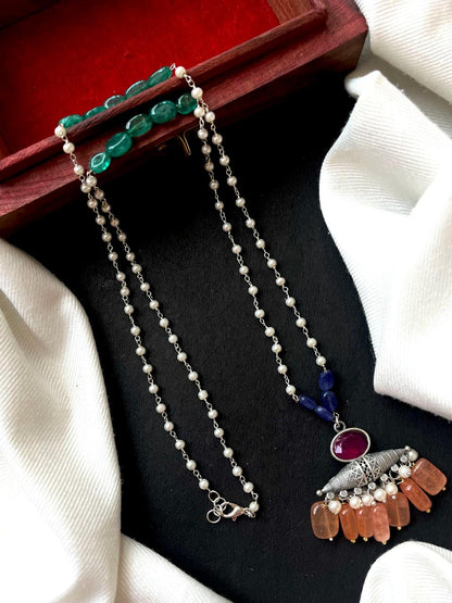 Jade Stones Oxidized Pendant Beaded Chain Necklace