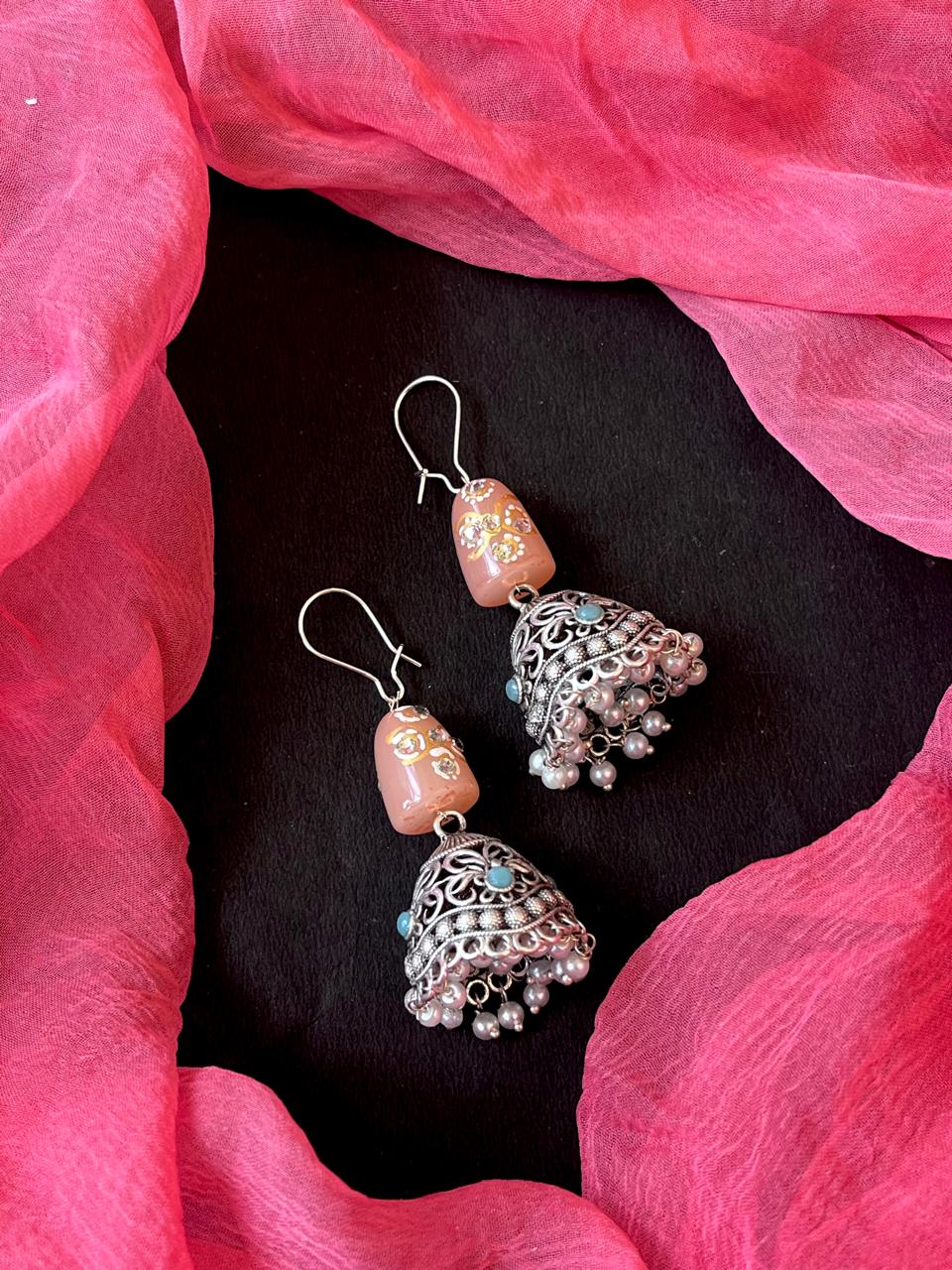 Hand printed Moti with Oxidized Jhumki Earring