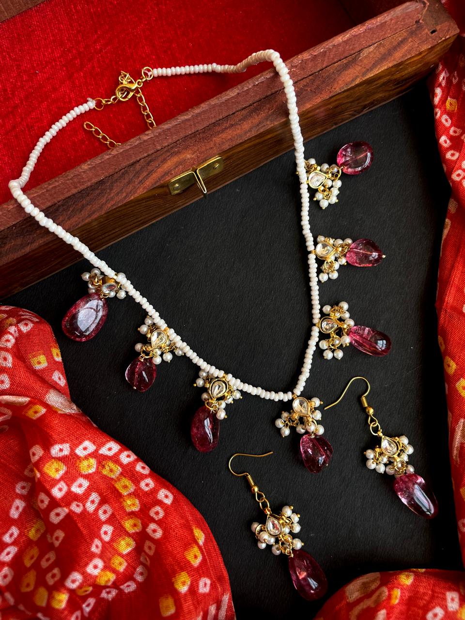 Strawberry Stone Beaded with Pachi kundan Necklace Earring set