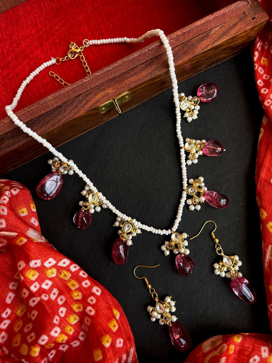 Strawberry Stone Beaded with Pachi kundan Necklace Earring set