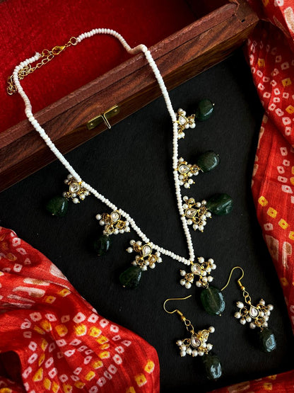 Strawberry Stone Beaded with Pachi kundan Necklace Earring set