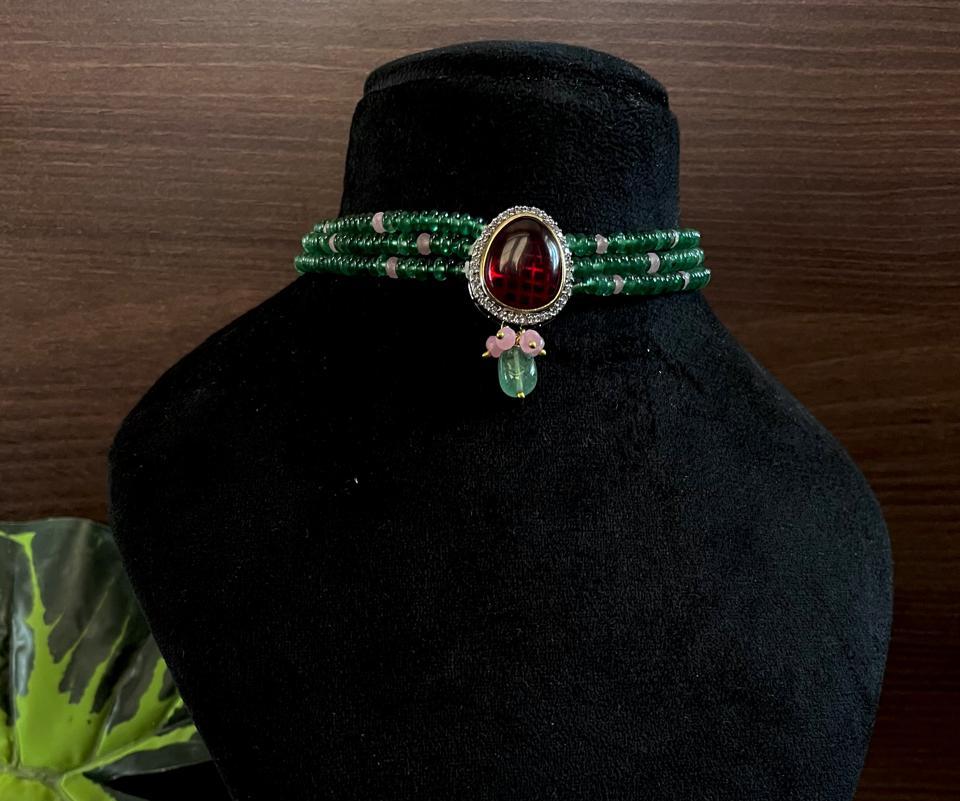 Monalisa Stone Pendant Stone Beads Five Layer Mala Choker Necklace