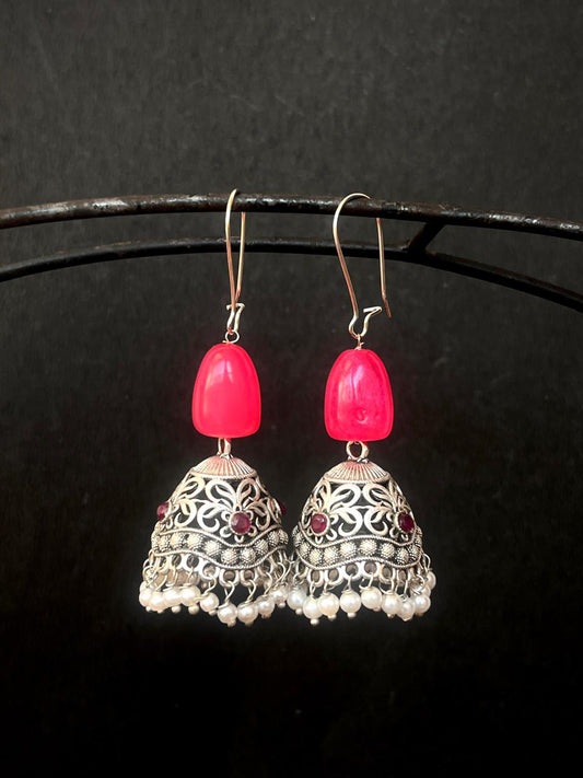 Oxidized Jhumki Fibre Beads Earring