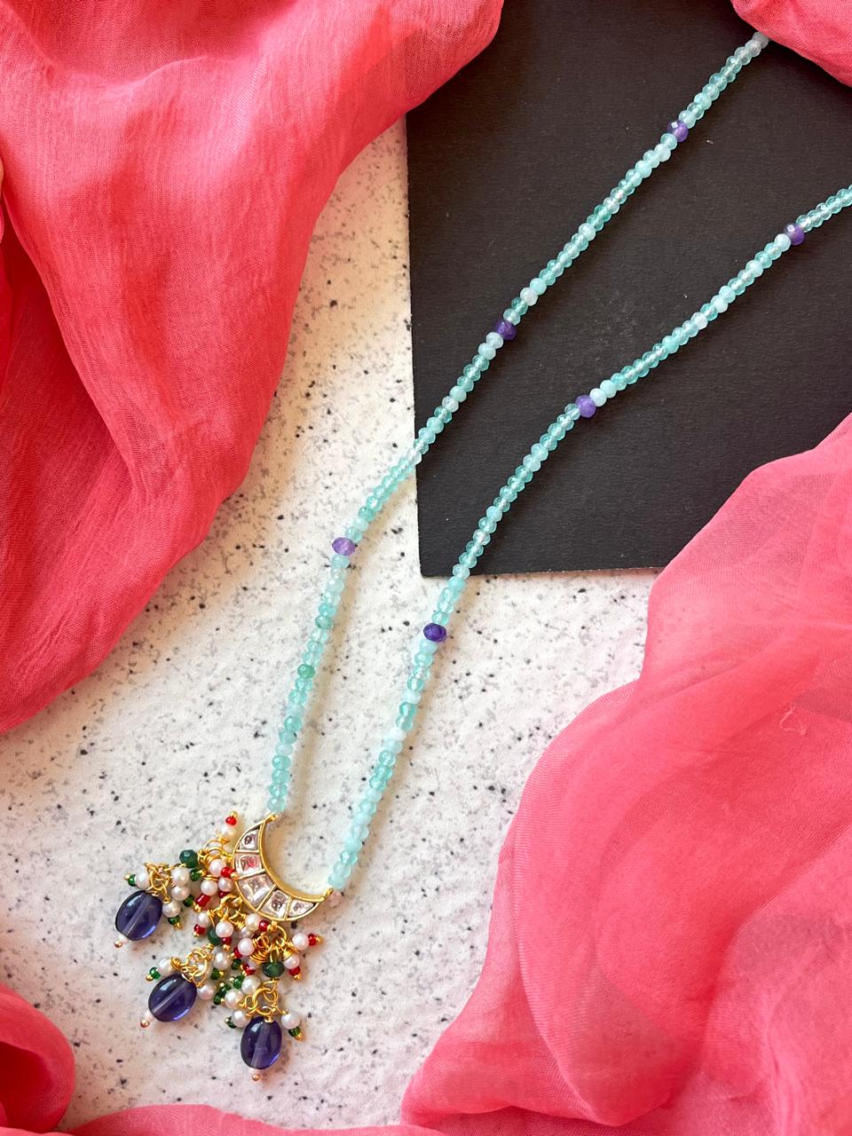 Kundan with Stone Beads Pendant Mala Necklace and Earring set