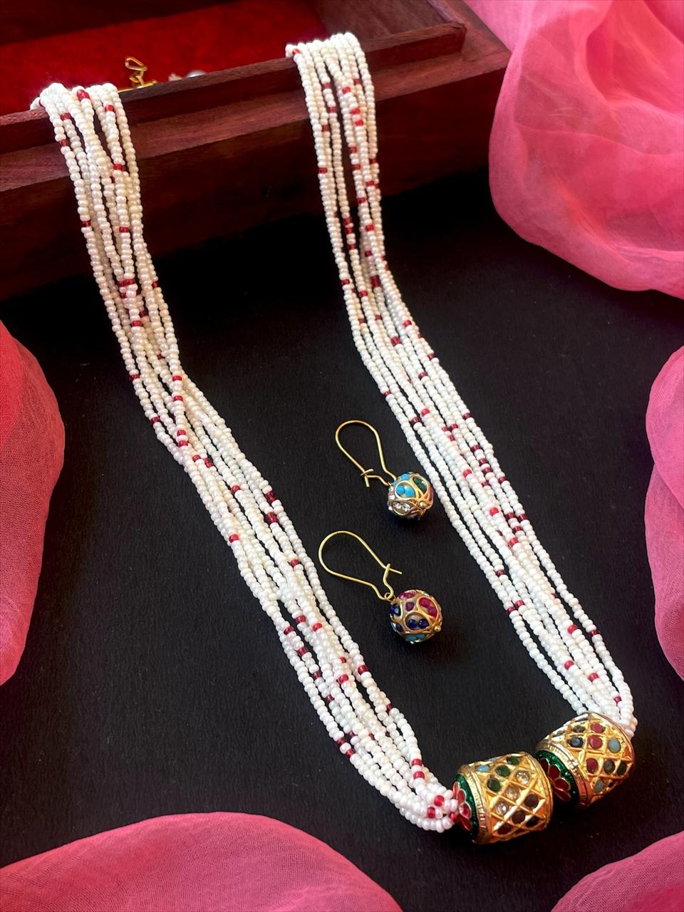 Meenakari Stone Ball Pendant Necklace with Earring Set