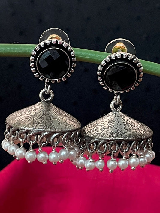 Oxidized Flat Jhumka with Monalisa Stone Top Earring