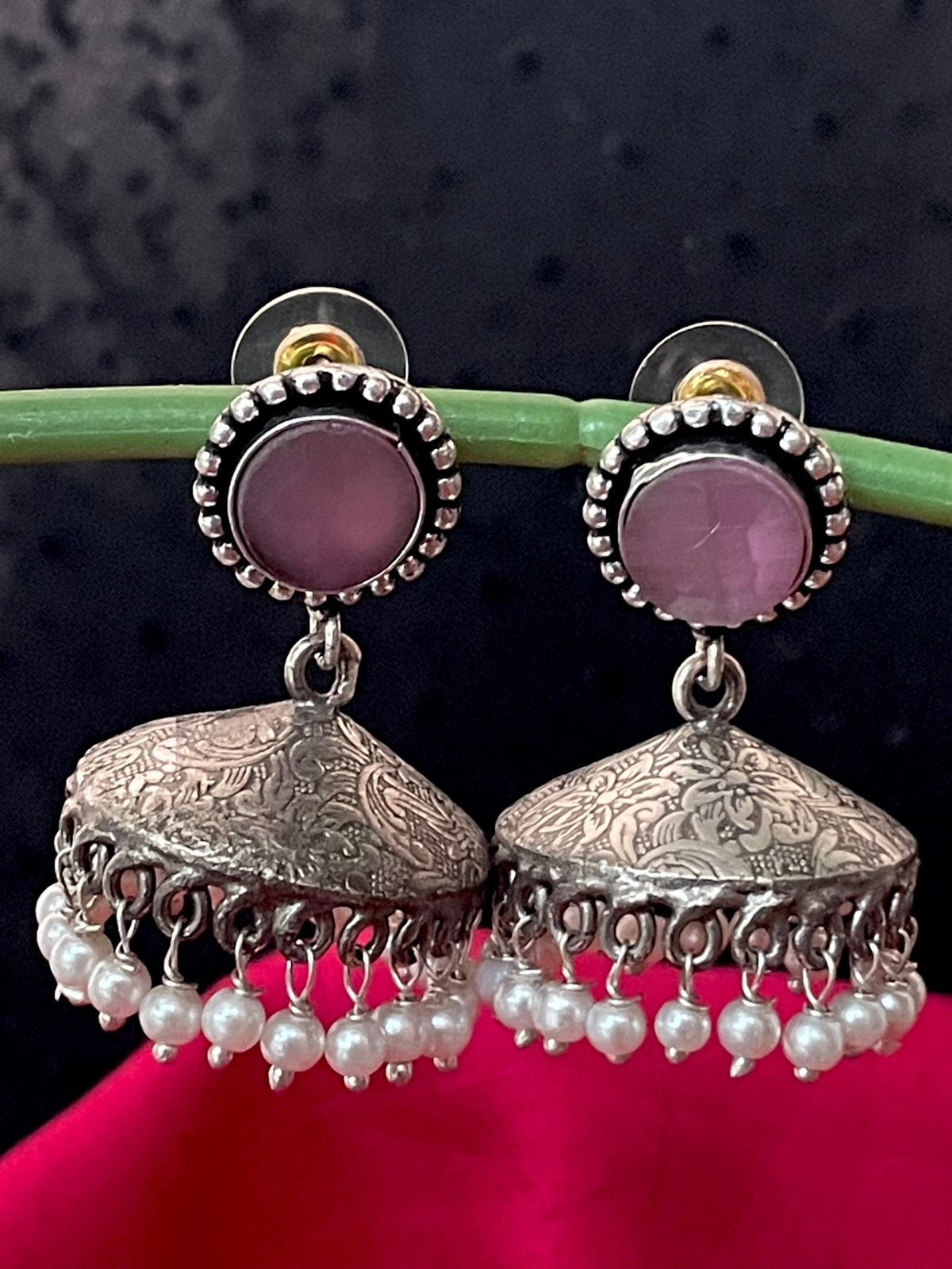 Oxidized Flat Jhumka with Monalisa Stone Top Earring