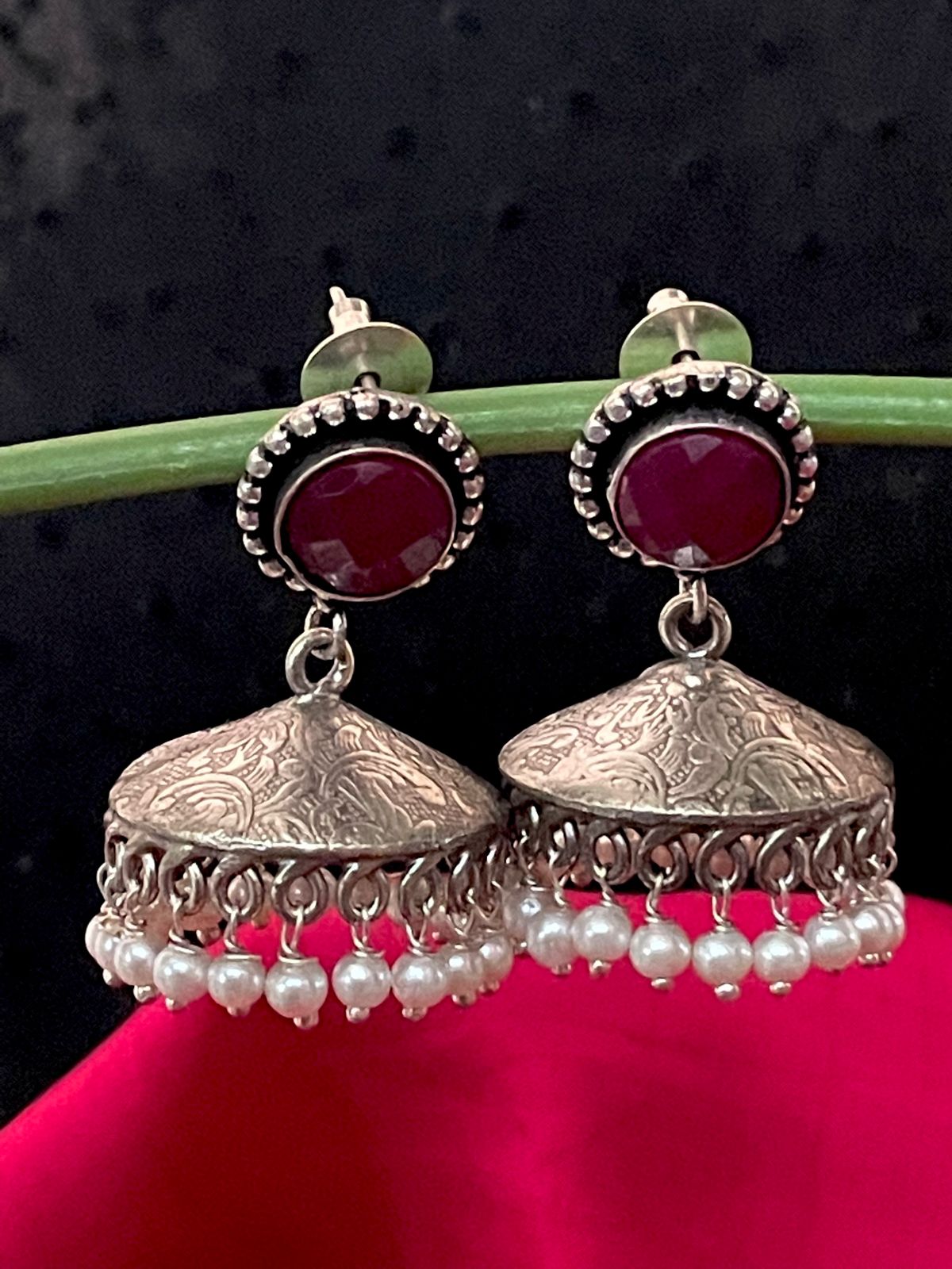 Oxidized Flat Jhumka with Monalisa Stone Top Earring