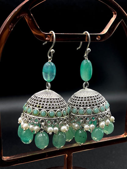 Stone Beads Oxidized Jhumki Partywear Earring