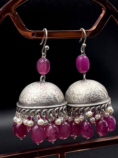 Stone Beads Oxidized Jhumki Partywear Earring