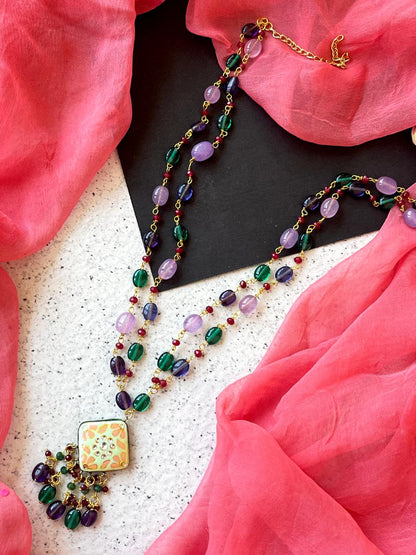 Lakh Glass semi precious stone pendant mala set 