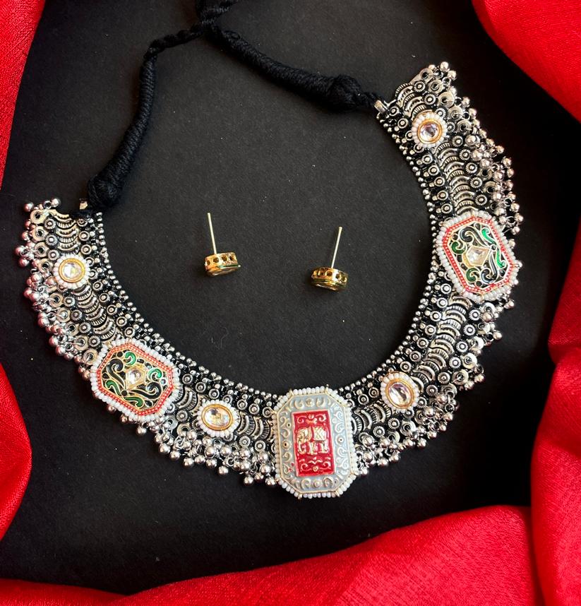 Meenakari, Kundan and Oxidized Fusion Necklace with small stud Earring set