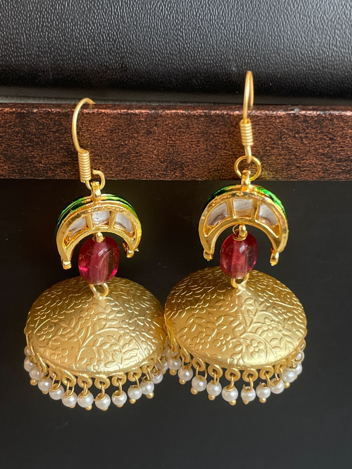 Kundan Golden Big Size Jhumki Earring with Natural stone