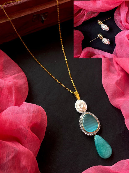 AD with Monalisa Stone Meenakari Pendant with Earring Set