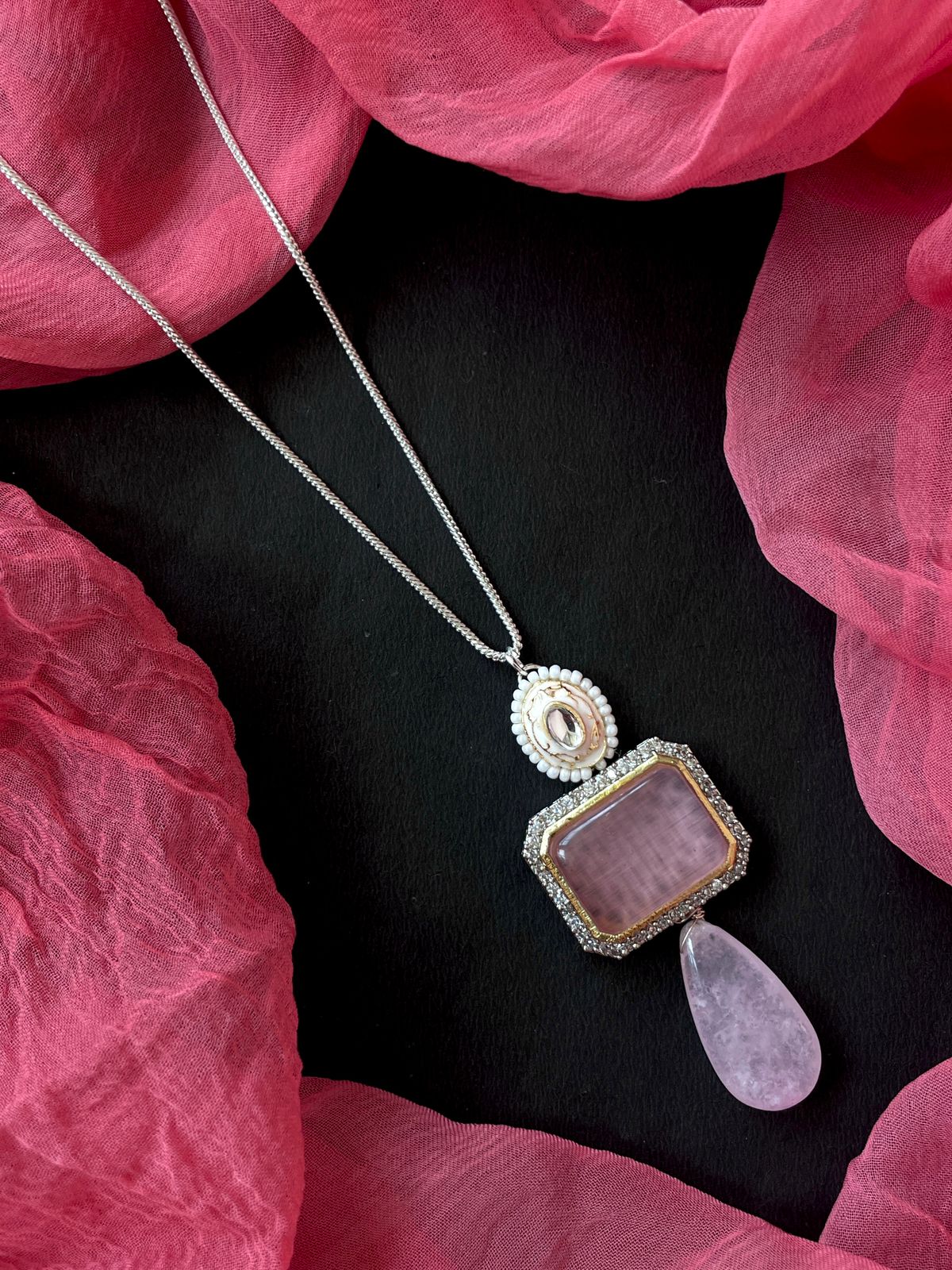 AD with Monalisa Jade Stone Meenkari Pendant Chain Necklace