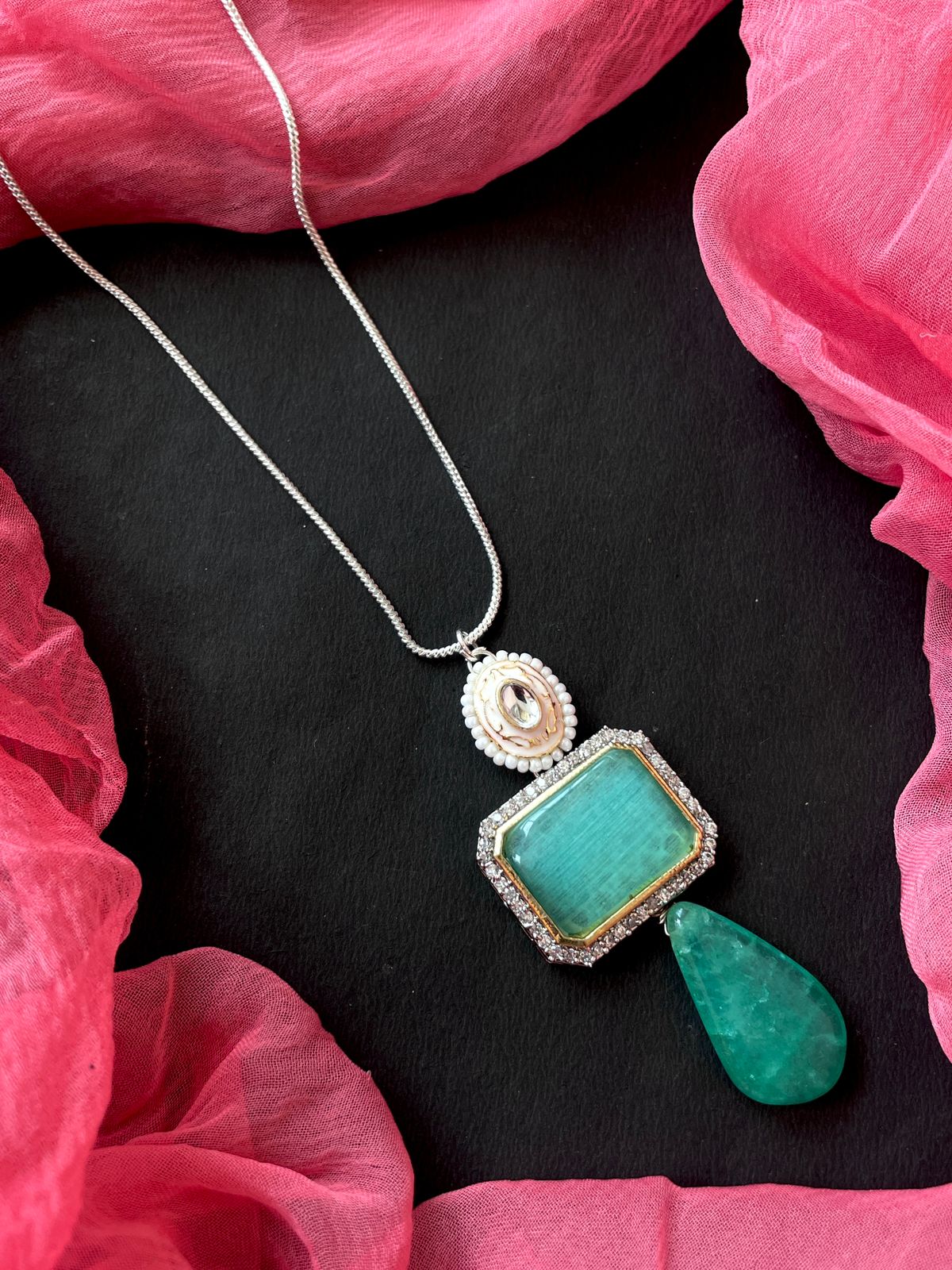 AD with Monalisa Jade Stone Meenkari Pendant Chain Necklace