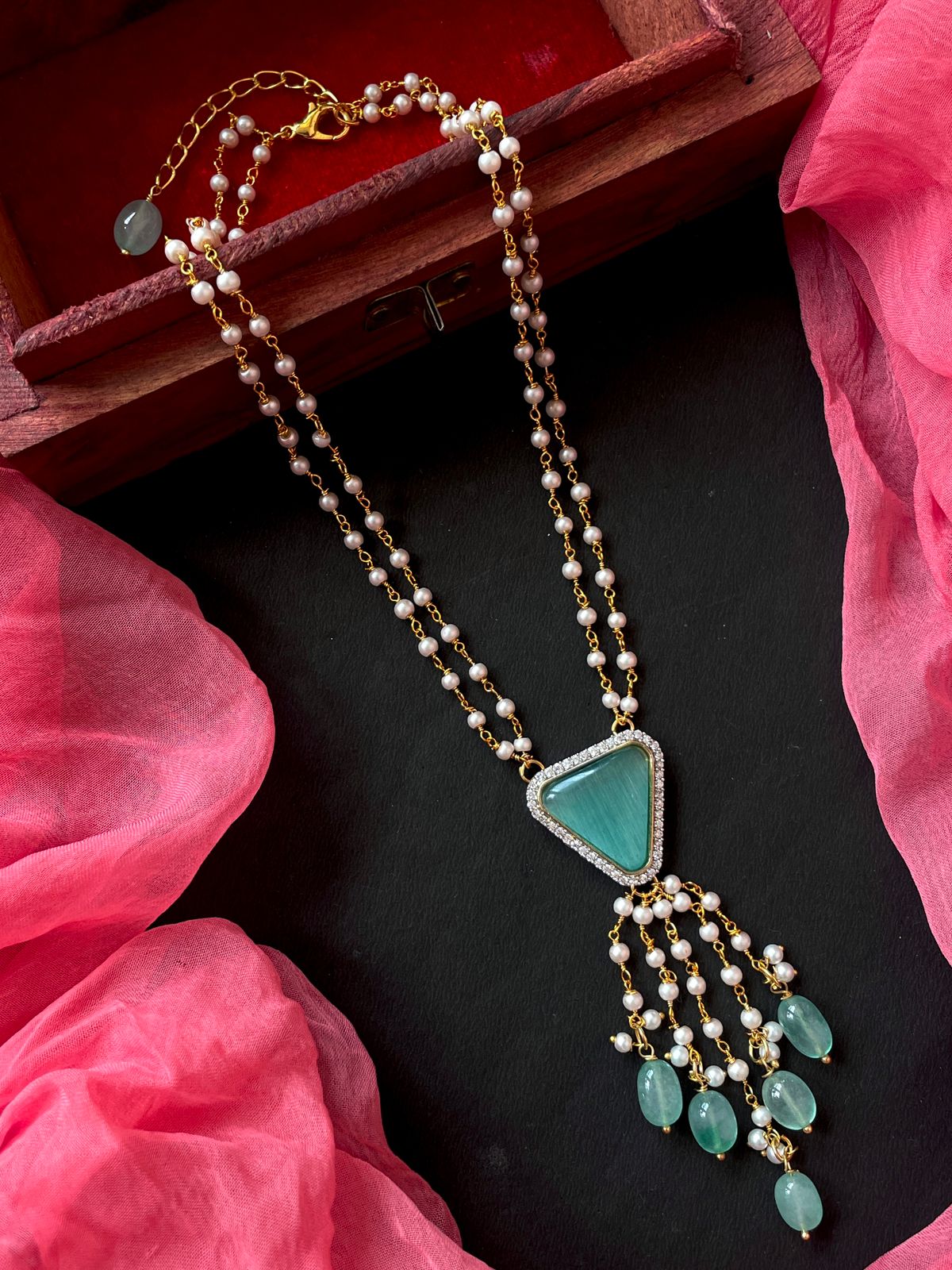 AD with Monalisa Jade Stone Beaded Pendant Beaded Mala Necklace