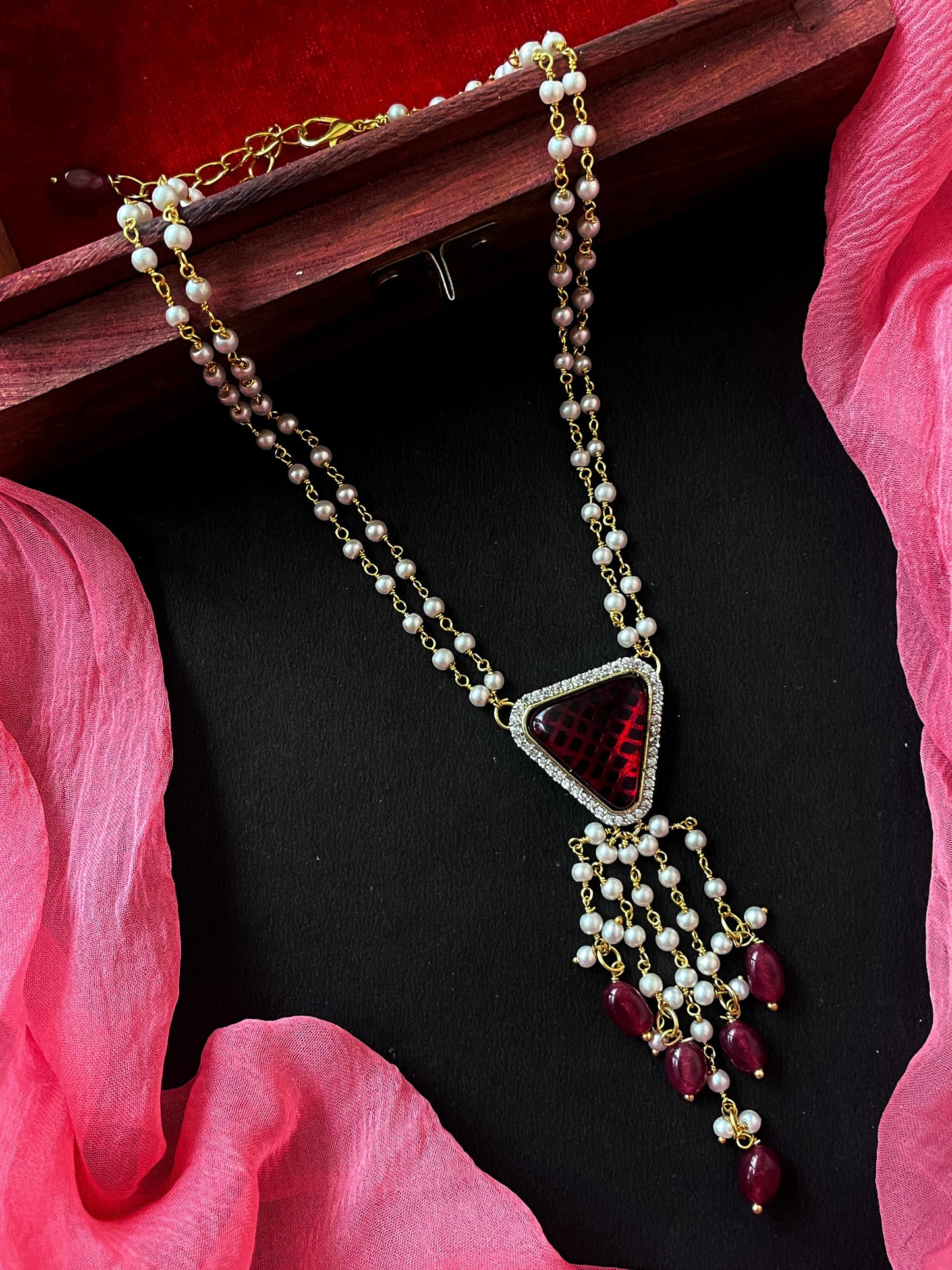 AD with Monalisa Jade Stone Beaded Pendant Beaded Mala Necklace