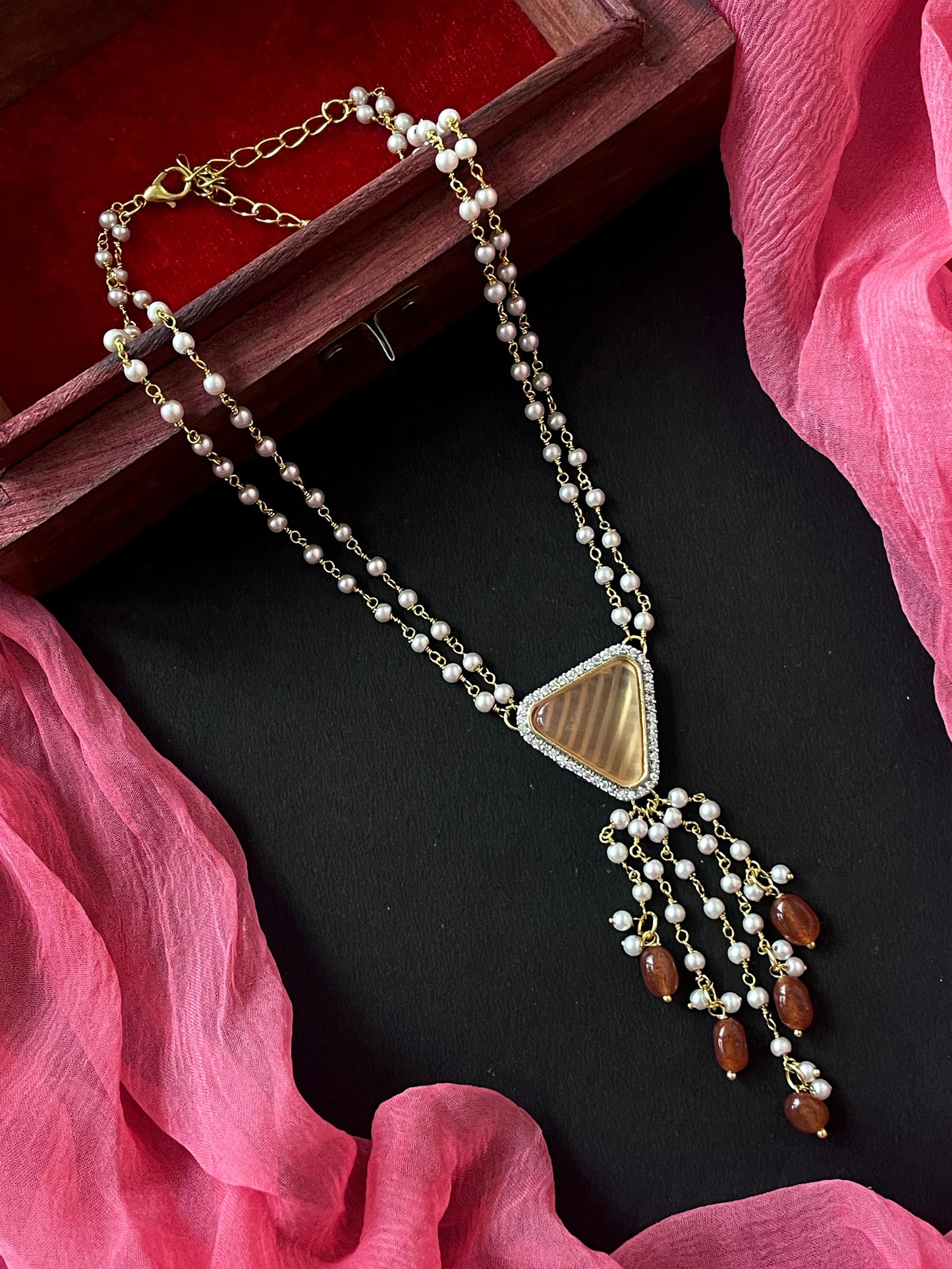 AD with Monalisa Jade Stone Beaded Pendant Beaded Mala Necklace