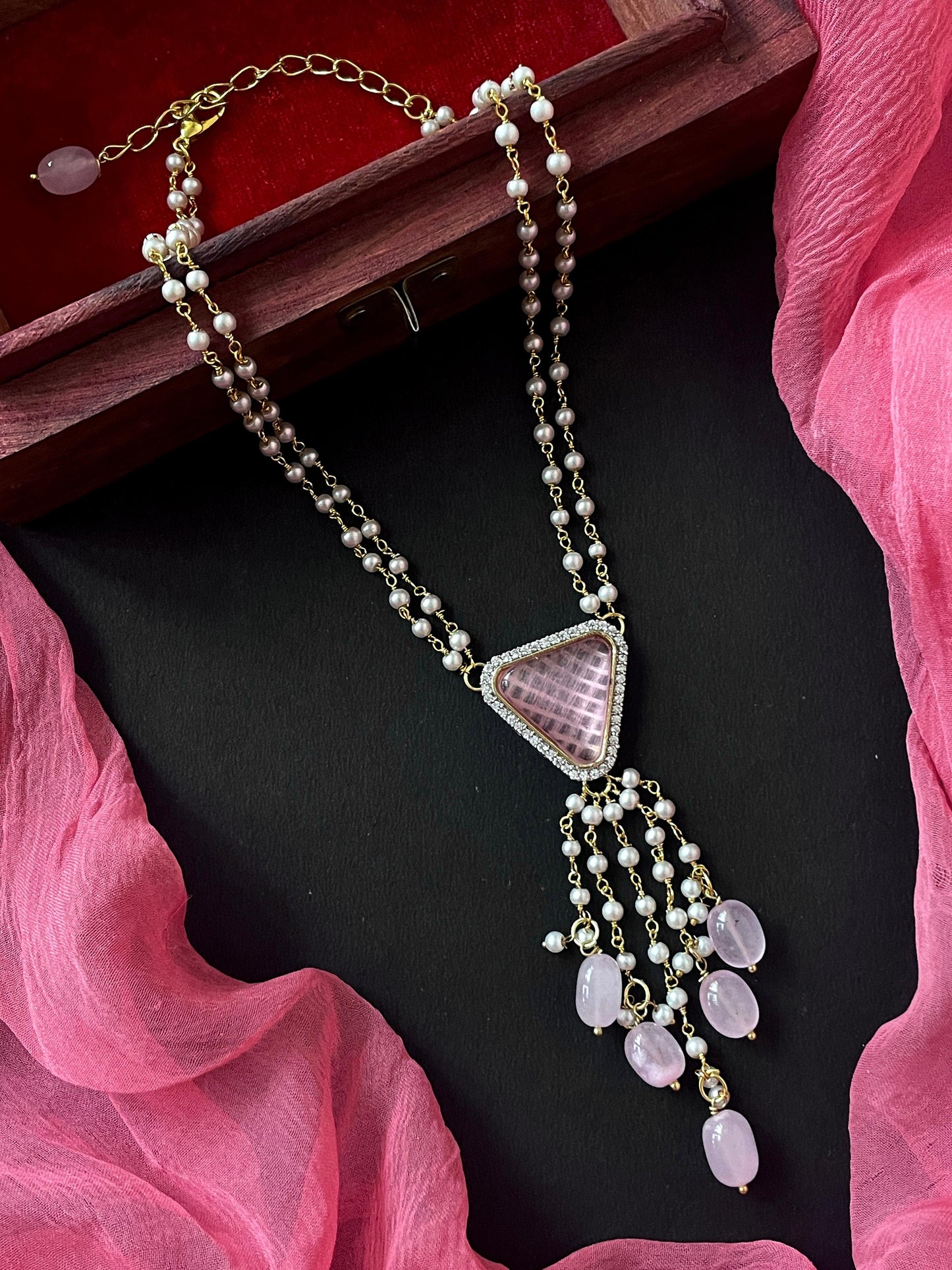 AD with Monalisa Jade Stone Beaded Pendant Beaded Mala Necklace