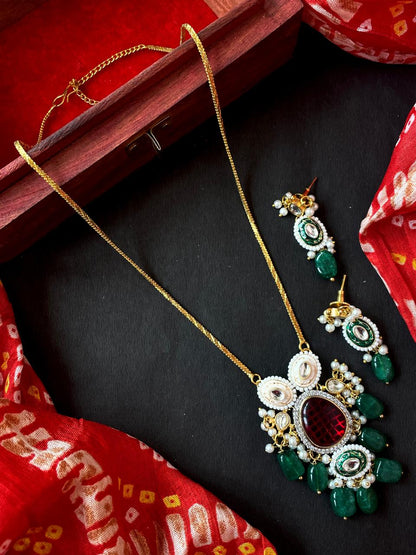 Monalisa Jade Stone with Kundan Meenakari Pendant Chain Necklace with Earring Set