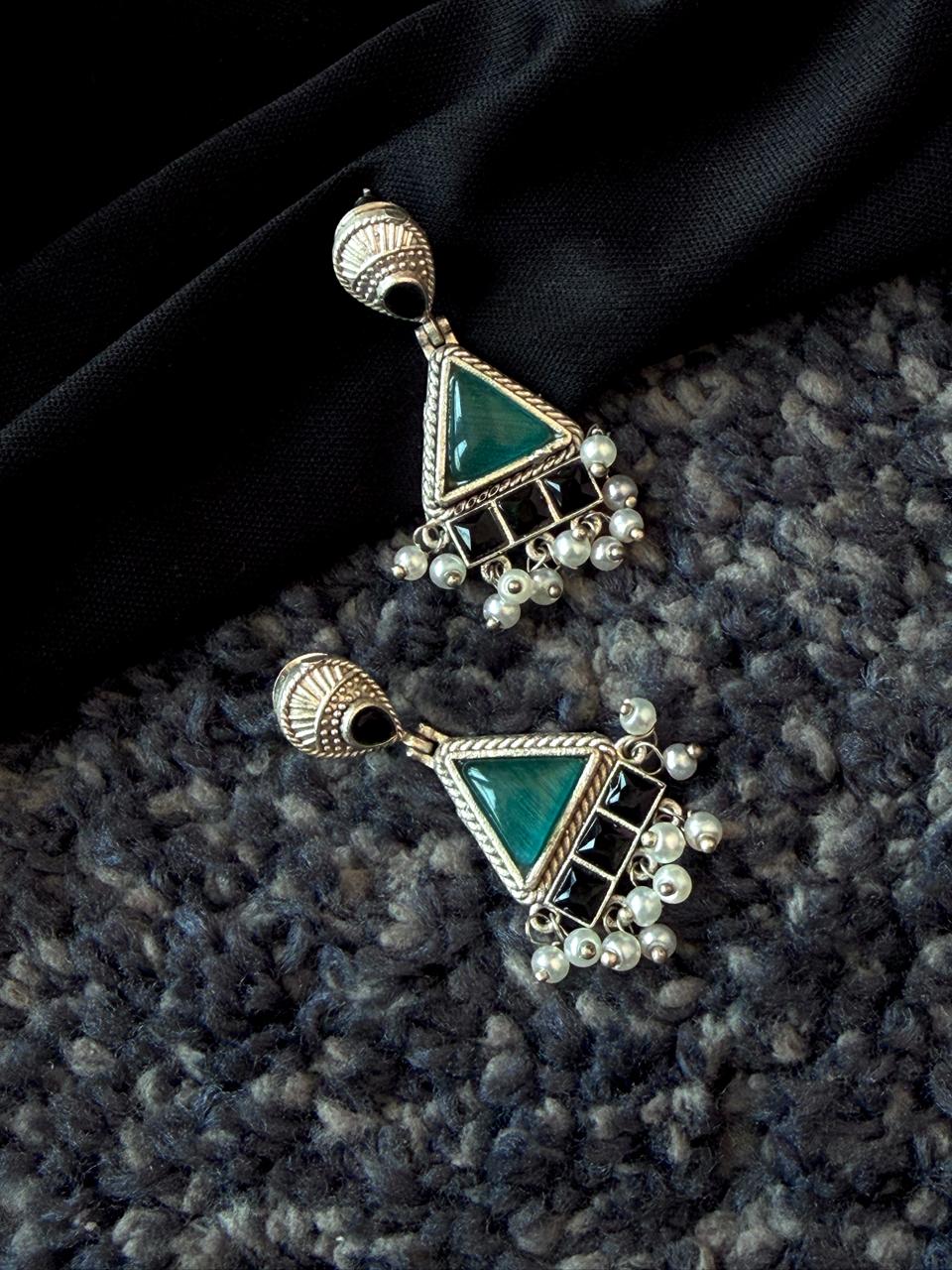 Monalisa Stone Beaded Geometrical Silver Replica Earring