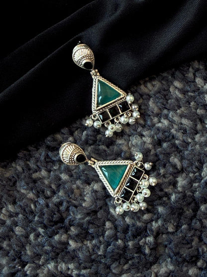 Monalisa Stone Beaded Geometrical Silver Replica Earring