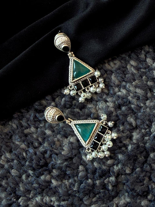 Monalisa Stone Beaded Geometrical Silver Replica Earring